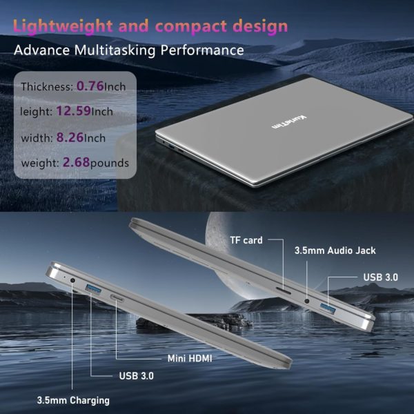 ⁦KurieTim 14.1 Inch Laptop, 8GB DDR4 RAM, 256GB M.2 SATA SSD, Laptops Computer with Quad-Core Celeron CPU J4125 (Up to 2.7GHz), 14.1" FHD IPS LCD Screen, WiFi, Webcam, USB-A x2, Mini HDMI, Silver⁩ - الصورة ⁦5⁩