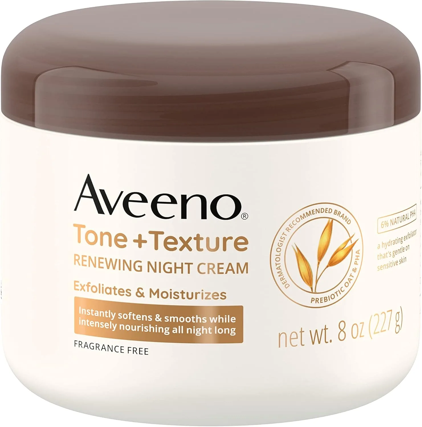 Aveeno Tone + Texture Renewing Body Night Cream With Prebiotic Oat, Gently Exfoliates & Moisturizes Sensitive Skin, Instantly Softens & Smooths & Intensely Nourishes, Fragrance-Free, 8 oz
