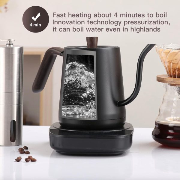 ⁦TRASSLE Electric Gooseneck Kettle,Pour-Over Coffee and Tea Kettle Wood Handle, Quick Heating, Precise Temperature Control,Stainless Steel Inner Lid & Bottom, 1000W/0.8L(Black)⁩ - الصورة ⁦6⁩