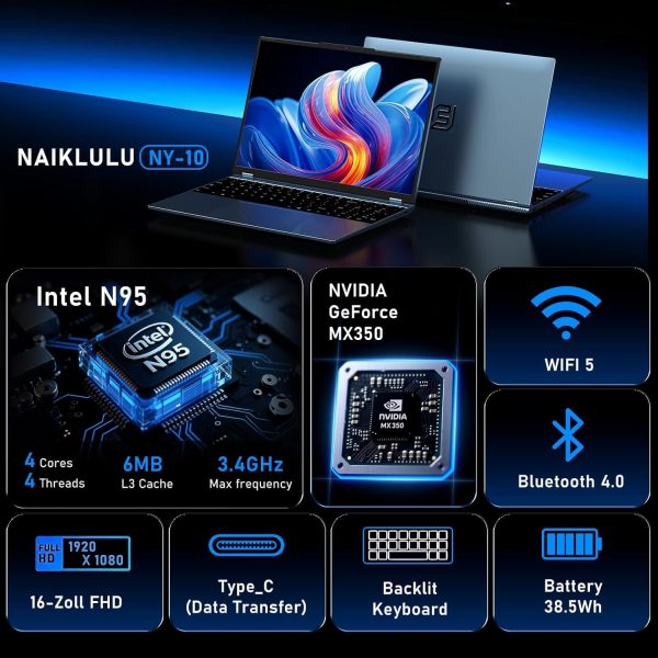 ⁦NAIKLULU Gaming Laptop,MX350 Graphics Laptop,16 Inch Laptop Computer,N95 4C/4T Processor(up to 3.4Ghz),16GB RAM 1TB SSD,16”FHD 1920 * 1200 Display,WiFi 5,BT4.0,Backlit Keyboard⁩ - الصورة ⁦2⁩