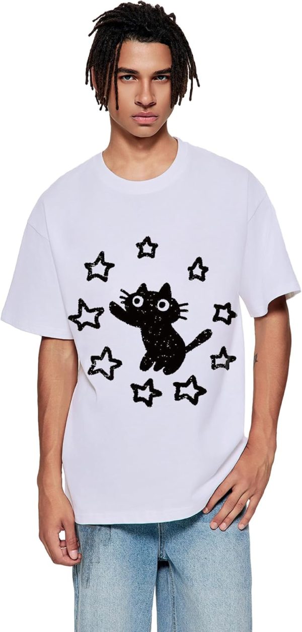 ⁦Vamtac Graphic Tees Unisex Loose Star Cat Print Tee Casual Summer Y2k Shirt Cute Short Sleeve Cotton Top⁩ - الصورة ⁦2⁩