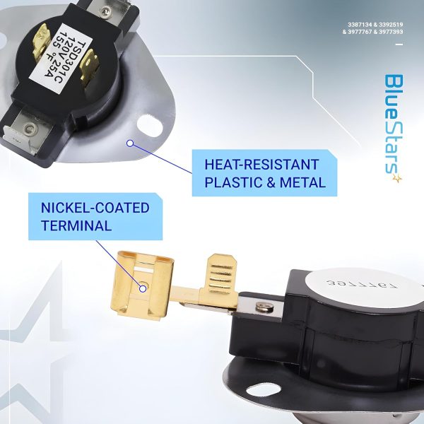 ⁦BlueStars [LIFETIME WARRANTY] 3387134 Cycling Thermostat 3392519 Dryer Thermal Fuse 3977393 Thermal Cut-off Switch 3977767 High-limit Thermostat Kit - Compatible with Whirlpool Kenmore Maytag Dryers⁩ - الصورة ⁦5⁩