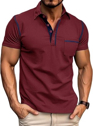 Men's Fashion Polo Shirts Classic Short Sleeve Lightweight Button Cotton T-Shirt Casual Golf Tee Tops with Pocket