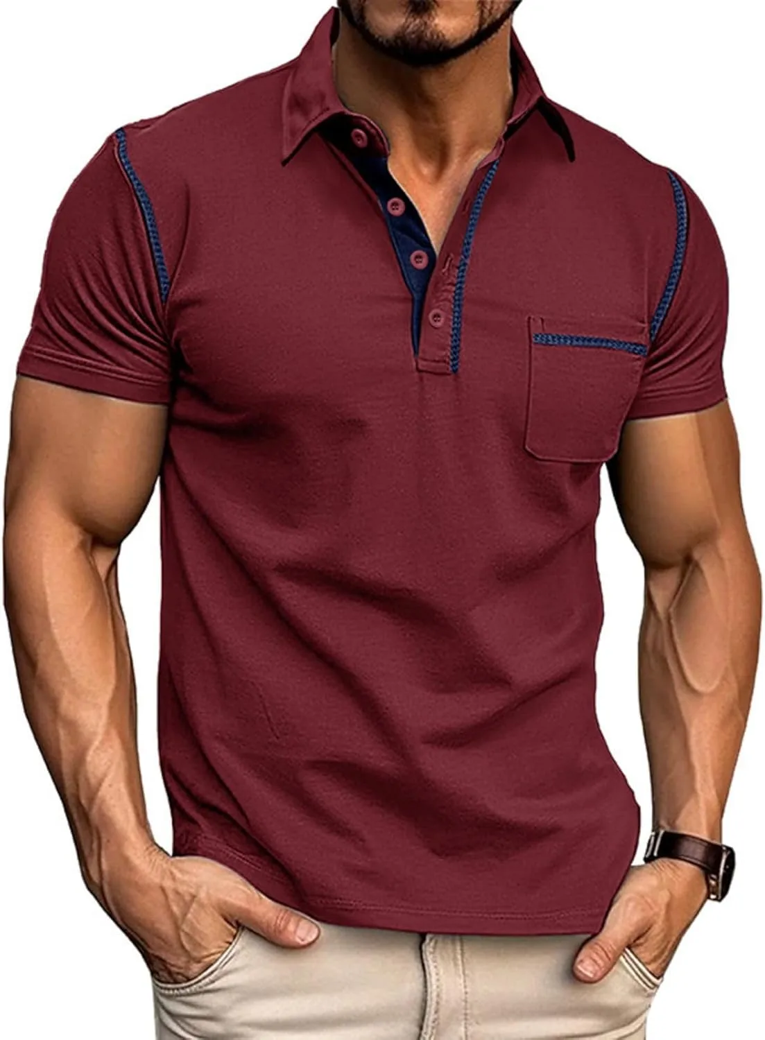Men's Fashion Polo Shirts Classic Short Sleeve Lightweight Button Cotton T-Shirt Casual Golf Tee Tops with Pocket