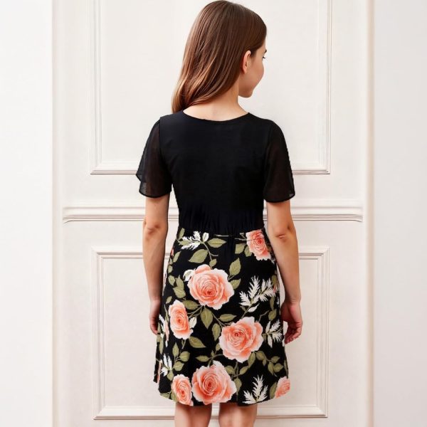 ⁦XULINOVA girl dress, cotton like stretch jersey top & 4 way stretch fabric skirt, flower Print, 1 set For Ages 8-12Y,summer, daily, casual, holiday⁩ - الصورة ⁦3⁩