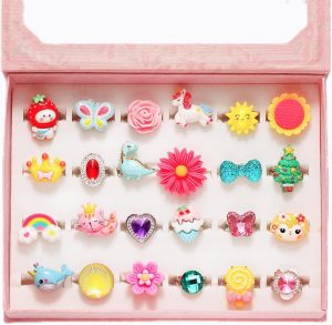 Little Girl Jewel Rings in Box, 24Pcs Kids Play Ring, Pretend Play and Dress Up Ring for 4-12 Year Old Girl Birthday Gifts, No Duplication Diamond Ring for Children, Party Favors for Kids