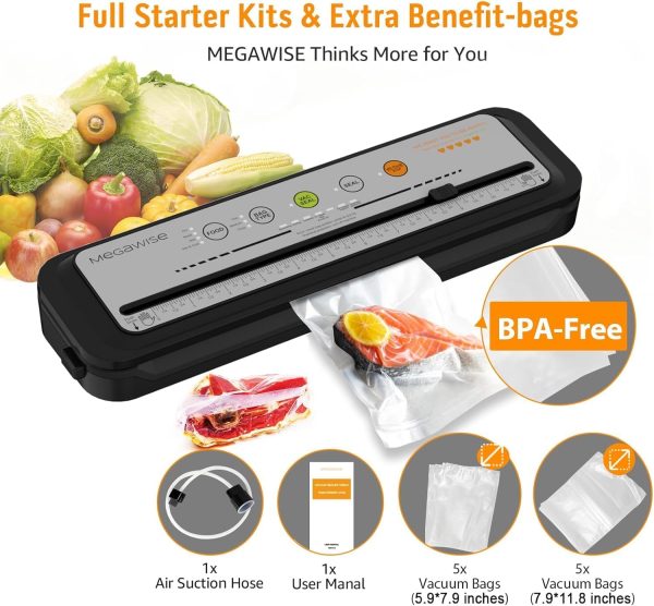 ⁦MEGAWISE 2023 Updated Vacuum Sealer Machine, Food Sealer w/Starter Kit, Dry & Moist Food Modes, Compact Design with 10 Vacuum Bags & Bulit-in Cutter(Grey)⁩ - الصورة ⁦3⁩