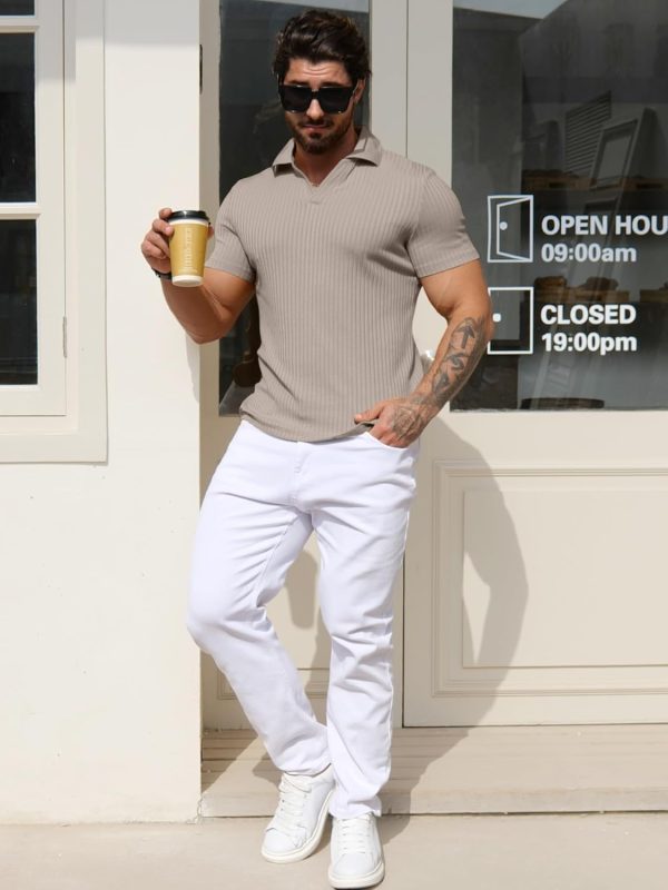⁦YTD Men's Muscle V Neck Polo Shirts Slim Fit Solid Short Sleeve Golf T-Shirts Ribbed Knit Soft Tees⁩ - الصورة ⁦2⁩
