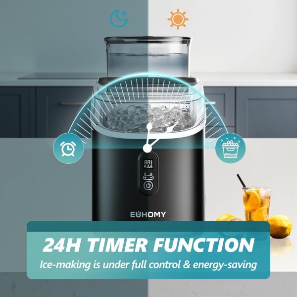 ⁦EUHOMY Ice Cube Maker Machine Countertop with External Water Tank, 34Lbs, 16Pcs Ready in 13 Mins, 2 Ways to Add Water, Auto-Cleaning, with Ice Scoop & Basket, for Home/Kitchen/Office/Bar (Black)⁩ - الصورة ⁦7⁩