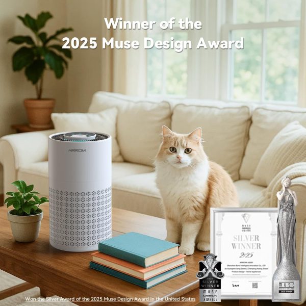 ⁦AIRROMI Air Purifier for Bedroom with HEPA 3-in-1 Filter, Pet Air Purifier for Home Cat Pee Smell, Covers Upto 990 Ft², Quiet 360° intake Air Cleaner for pet hair,allergies,Dust,Smoke A2001 White⁩ - الصورة ⁦7⁩