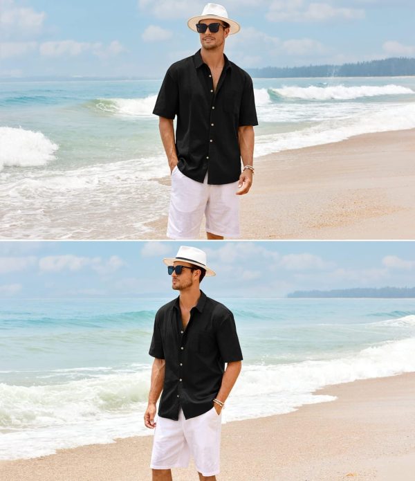 ⁦Mens Beach Linen Shirts Short Sleeve Cuban Button Down Casual Summer T Shirt Guayabera Hawaiian Tee Loose Fit Tops⁩ - الصورة ⁦4⁩