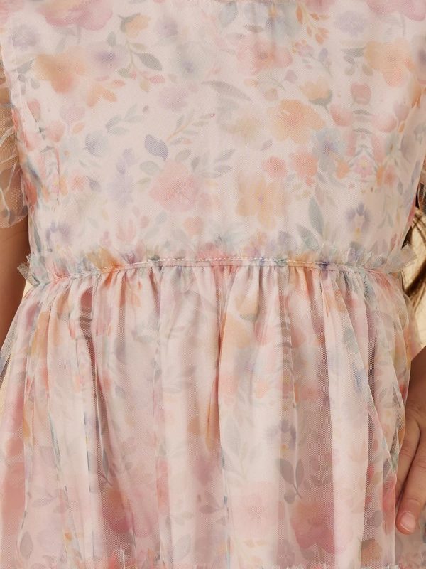 ⁦Styli Girls Floral Print Mesh Tiered Dress⁩ - الصورة ⁦4⁩