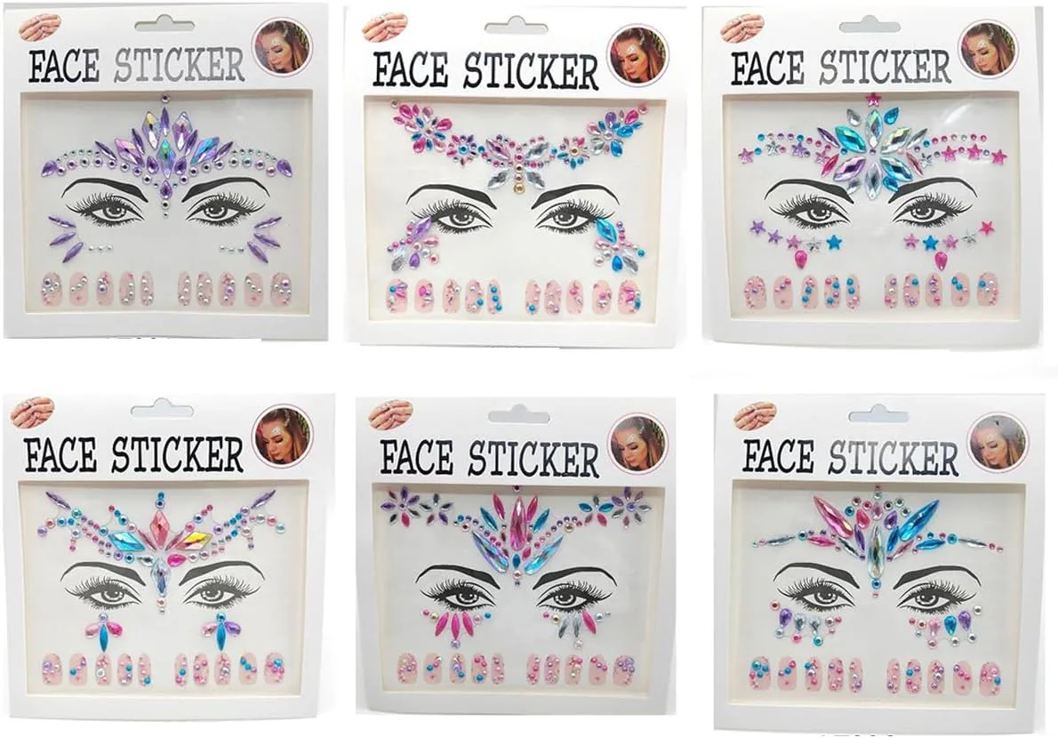 ECVV 6Pcs Face & Nail Stickers for EDM Festivals - Sparkling, Reusable, and Easy to Apply