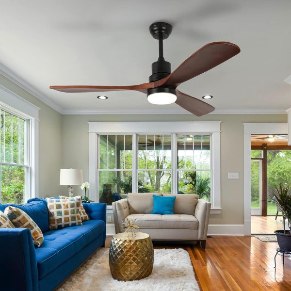 ⁦60" Ceiling Fan with Light Remote Control, Modern Smart Outdoor Ceiling Fans, Wood Walnut 3 Blades, Noiseless Reversible 6-Speed Motor for Bedroom, Garage, Patios, Kitchen, Farmhouse⁩ - الصورة ⁦4⁩