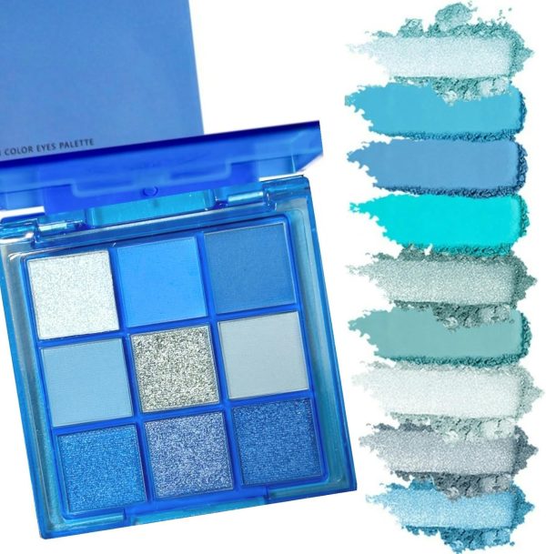 ⁦9 Colors Blue Eyeshadow Palette, Glitter Shimmer Matte Neutral Shades, High Pigmented Waterproof Grey Light Blue Eyeshadow, Shimmer Bright, Daily Party Sparkling Eyeshadow Palett⁩ - الصورة ⁦6⁩