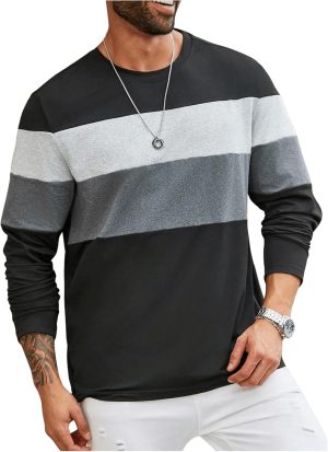 Verdusa Men's Plus Size Color Block Striped T Shirts Long Sleeve Crew Neck Loose Tee Tops