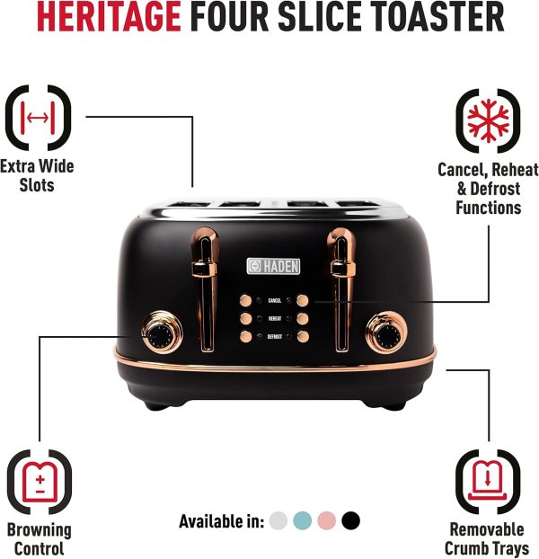 ⁦Haden Heritage Black 4 Slice Toaster - Adjustable Browning Control, Reheat and Defrost Functions - Stainless Steel With Self-centring Function - 1370-1630W⁩ - الصورة ⁦3⁩