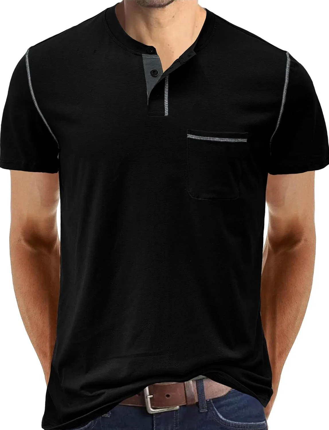 SEAUR Mens Short Sleeve Henley T-Shirts Casual Fashion Slim Fit Tops Round Neck Summer Basic Shirts Classic Button Up Tee