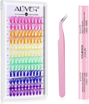 ALIVER Colored Lash Clusters Individual Lashes D Curl 14mm 16mm Mixed 6 Colors Rainbow DIY Eyelash Extension Colorful Cluster Lashes Pack