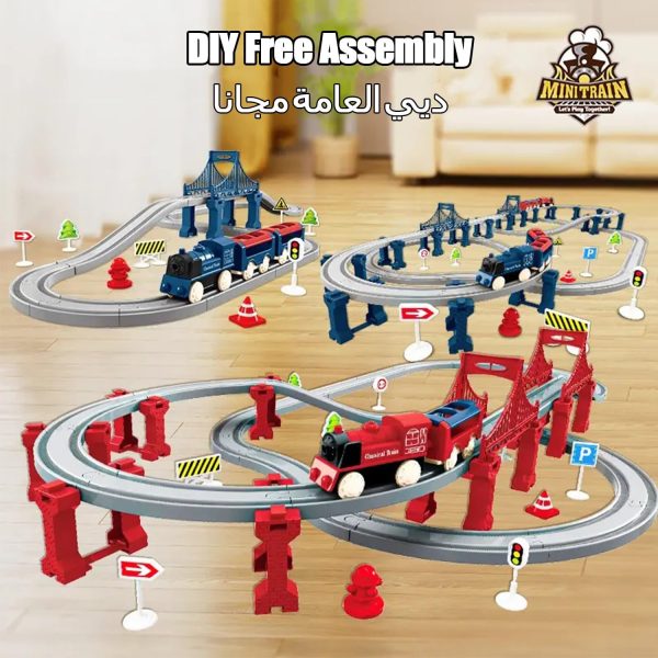 ⁦Train Rail Set, Electric Train Toys Sets, Battery Operated Train Set with Tracks Magnetic Connection, DIY Rail Car Children's Toys with Bridge & Accessories, for Ages 3 Years+ (Red-70PCS)⁩ - الصورة ⁦7⁩
