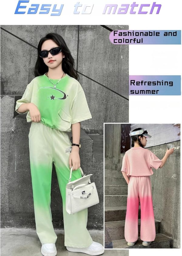 ⁦Girls' Summer Two-Piece Set, Pink Gradient T-Shirt and Wide-Leg Trousers, Ages 4-15 Years，Children's tie-dyed casual sportswear set⁩ - الصورة ⁦3⁩