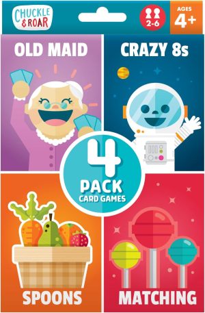 Chuckle & Roar - Classic Card Games 4pk - Ages 4 and up - Family Game Night - Old Maid, Crazy 8s, Spoons, Matching