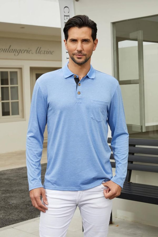⁦Men's Casual Polo Shirts Classic Button Basic Long Sleeve Shirt Solid Color Cotton Tees Stylish Tops⁩ - الصورة ⁦2⁩