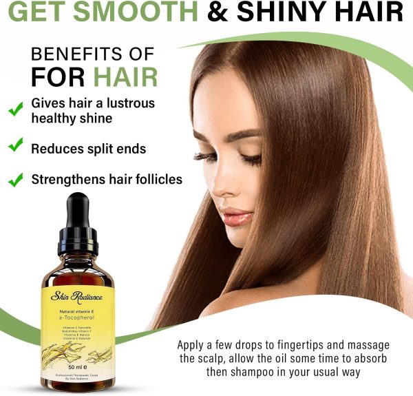 ⁦Skin Radiance Premium 100% Pure Vitamin E Oil for Face & - 60,000 IU in Glass Bottle - Highly Moisturising Oil for , Nails & Hair - Vegan, No GMO & Hexane Free. 50ml⁩ - الصورة ⁦4⁩