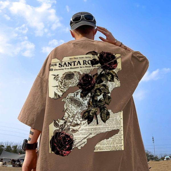 ⁦Lubpow Mens Acid Wash Tshirt Oversized Vintage Graphic T-Shirts Cool Grunge Rose Floral Shirt Trendy Y2K Streetwear Tee Tops⁩ - الصورة ⁦3⁩