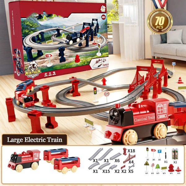 ⁦Train Rail Set, Electric Train Toys Sets, Battery Operated Train Set with Tracks Magnetic Connection, DIY Rail Car Children's Toys with Bridge & Accessories, for Ages 3 Years+ (Red-70PCS)⁩ - الصورة ⁦2⁩