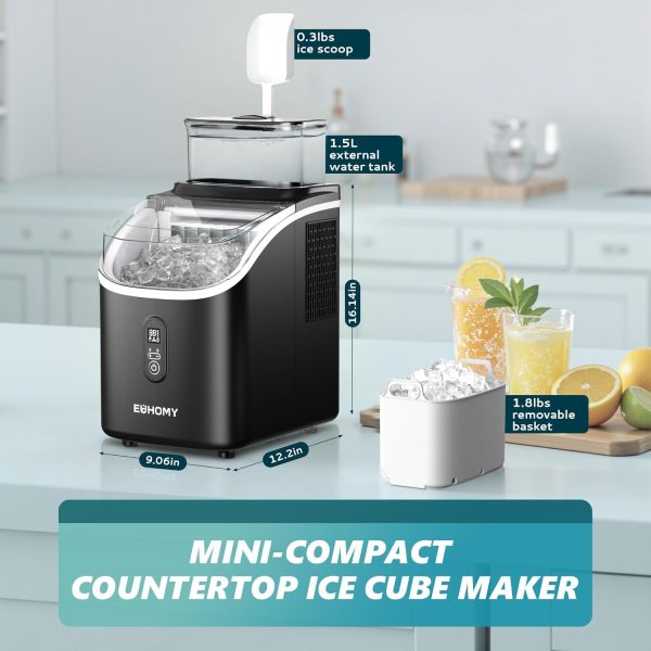 ⁦EUHOMY Ice Cube Maker Machine Countertop with External Water Tank, 34Lbs, 16Pcs Ready in 13 Mins, 2 Ways to Add Water, Auto-Cleaning, with Ice Scoop & Basket, for Home/Kitchen/Office/Bar (Black)⁩ - الصورة ⁦8⁩