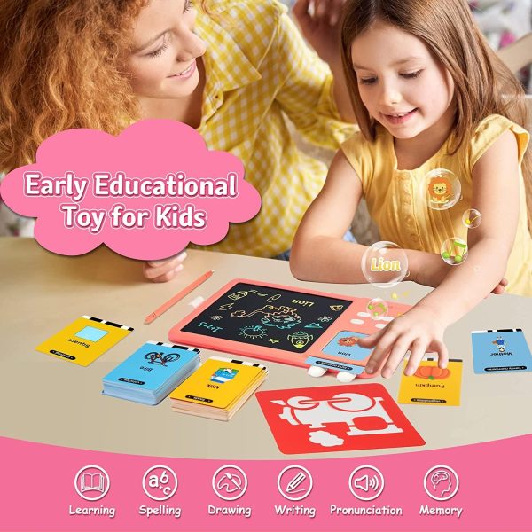 ⁦DMG TECH Audible Learning Toy, 224 PCS Talking Flashcards, Audible Flash Cards with Sound Effects, LCD Writing Tablet Educational Learning, Words Toys,Toddlers Birthday Gift for 2-7 Years Kids PINK⁩ - الصورة ⁦2⁩