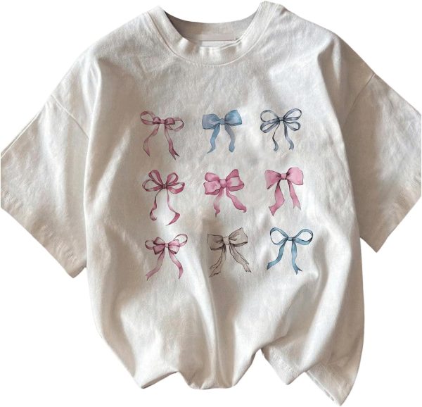 ⁦GORGLITTER Women's Graphic Bowknot Print Crewneck T Shirts Short Sleeve Cute Summer Top White S⁩ - الصورة ⁦5⁩