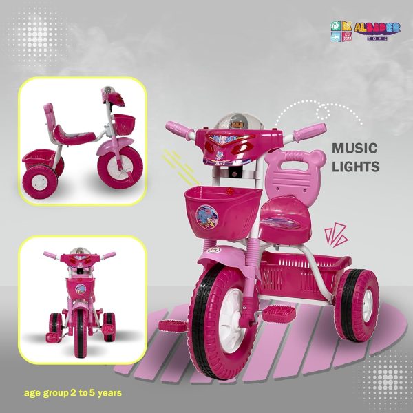⁦ALBADER Kids Tricycles, Toddler Trike With Double Basket, Indoor and Outdoor Children's Tricycles, 3 Wheel Baby Bicycle, With Music & Lights Effects, For Kids 2-7 Years (Not Assembled, Pink)⁩ - الصورة ⁦2⁩