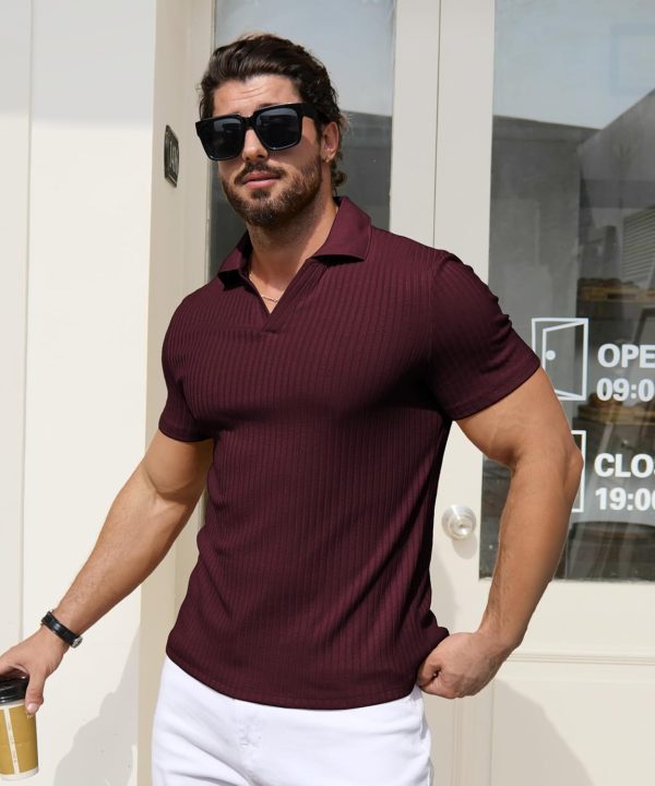 ⁦YTD Men's Muscle V Neck Polo Shirts Slim Fit Solid Short Sleeve Golf T-Shirts Ribbed Knit Soft Tees⁩ - الصورة ⁦3⁩