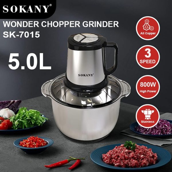 ⁦SOKANY SK-7015 800W Meat Grinder Electric, Food Processor Onion Vegetable Garlic Chopper Electric 4 Blades 5L Robust Stainless Steel Bowl (SK-7015, 800W, 5L)⁩ - الصورة ⁦2⁩