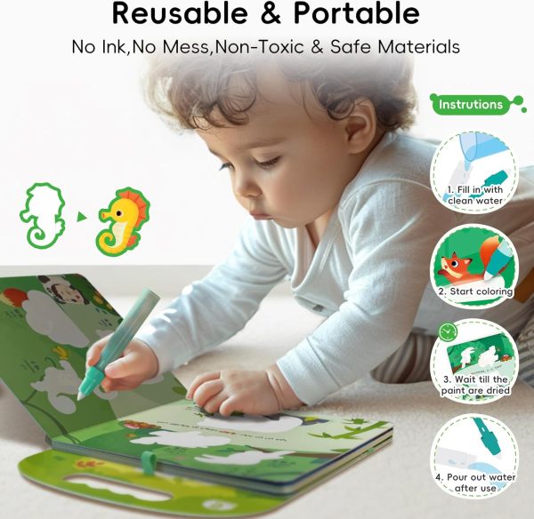 ⁦BabyBus Reusable Water Coloring Book with Magic Water Pen of Animal Theme, Early Education Painting Book for age 2-5 (green)⁩ - الصورة ⁦2⁩