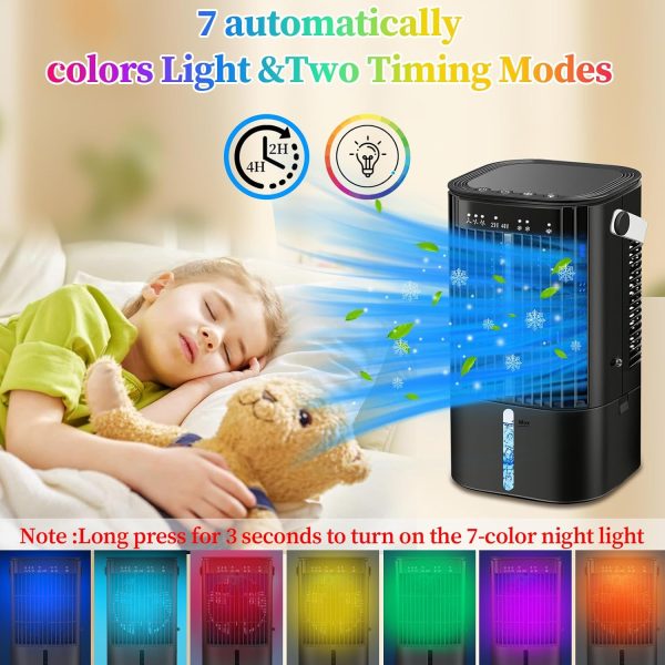 ⁦Upgraded Portable Air Conditioners- Evaporative Air Cooler,Portable AC with 3 Wind Speed & Mist, Mini Cooling Fan Personal Air Conditioner with 7 Night Light & 2-4H Timer for Bedroom Office Home-Black⁩ - الصورة ⁦7⁩