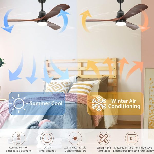 ⁦60" Ceiling Fan with Light Remote Control, Modern Smart Outdoor Ceiling Fans, Wood Walnut 3 Blades, Noiseless Reversible 6-Speed Motor for Bedroom, Garage, Patios, Kitchen, Farmhouse⁩ - الصورة ⁦7⁩