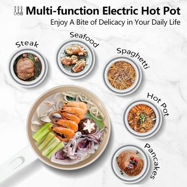⁦Mylindde 2L Electric Hot Pot with Steamer & Temperature Control, Non-Stick Electric Cooker Shabu Shabu, Electric Skillet, Frying Pan, Electric Saucepan, for Noodles, Egg, Steak, Oatmeal and Soup⁩ - الصورة ⁦5⁩