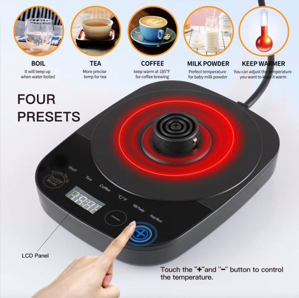 ⁦TRASSLE Electric Gooseneck Kettle,Pour-Over Coffee and Tea Kettle Wood Handle, Quick Heating, Precise Temperature Control,Stainless Steel Inner Lid & Bottom, 1000W/0.8L(Black)⁩ - الصورة ⁦2⁩