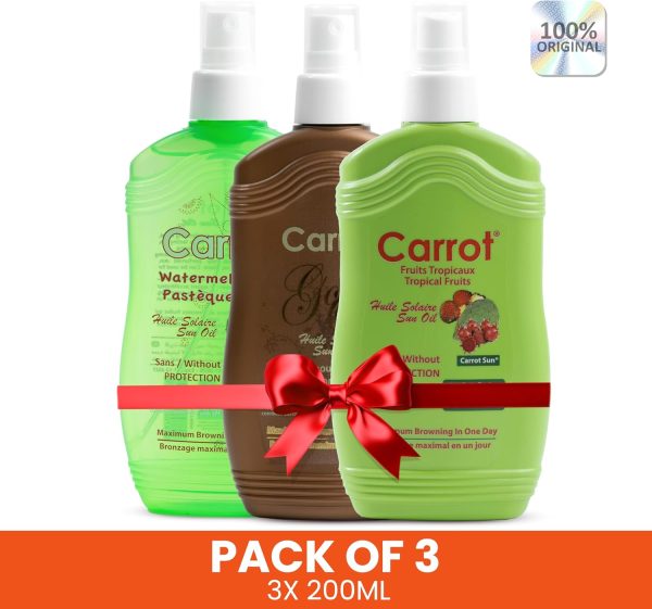 ⁦Pack of 3 - Gold, Watermelon & Tropical Fruit Tanning Oil Spray Trio Bundle by CarrotSun 3 X 200ML– 3 Natural Oil Sprays for a Glowing Tan & Nourished Skin⁩ - الصورة ⁦2⁩