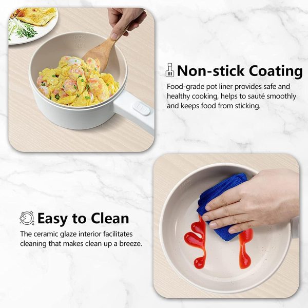 ⁦Mylindde 2L Electric Hot Pot with Steamer & Temperature Control, Non-Stick Electric Cooker Shabu Shabu, Electric Skillet, Frying Pan, Electric Saucepan, for Noodles, Egg, Steak, Oatmeal and Soup⁩ - الصورة ⁦4⁩