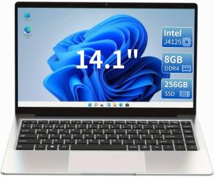 KurieTim 14.1 Inch Laptop, 8GB DDR4 RAM, 256GB M.2 SATA SSD, Laptops Computer with Quad-Core Celeron CPU J4125 (Up to 2.7GHz), 14.1" FHD IPS LCD Screen, WiFi, Webcam, USB-A x2, Mini HDMI, Silver