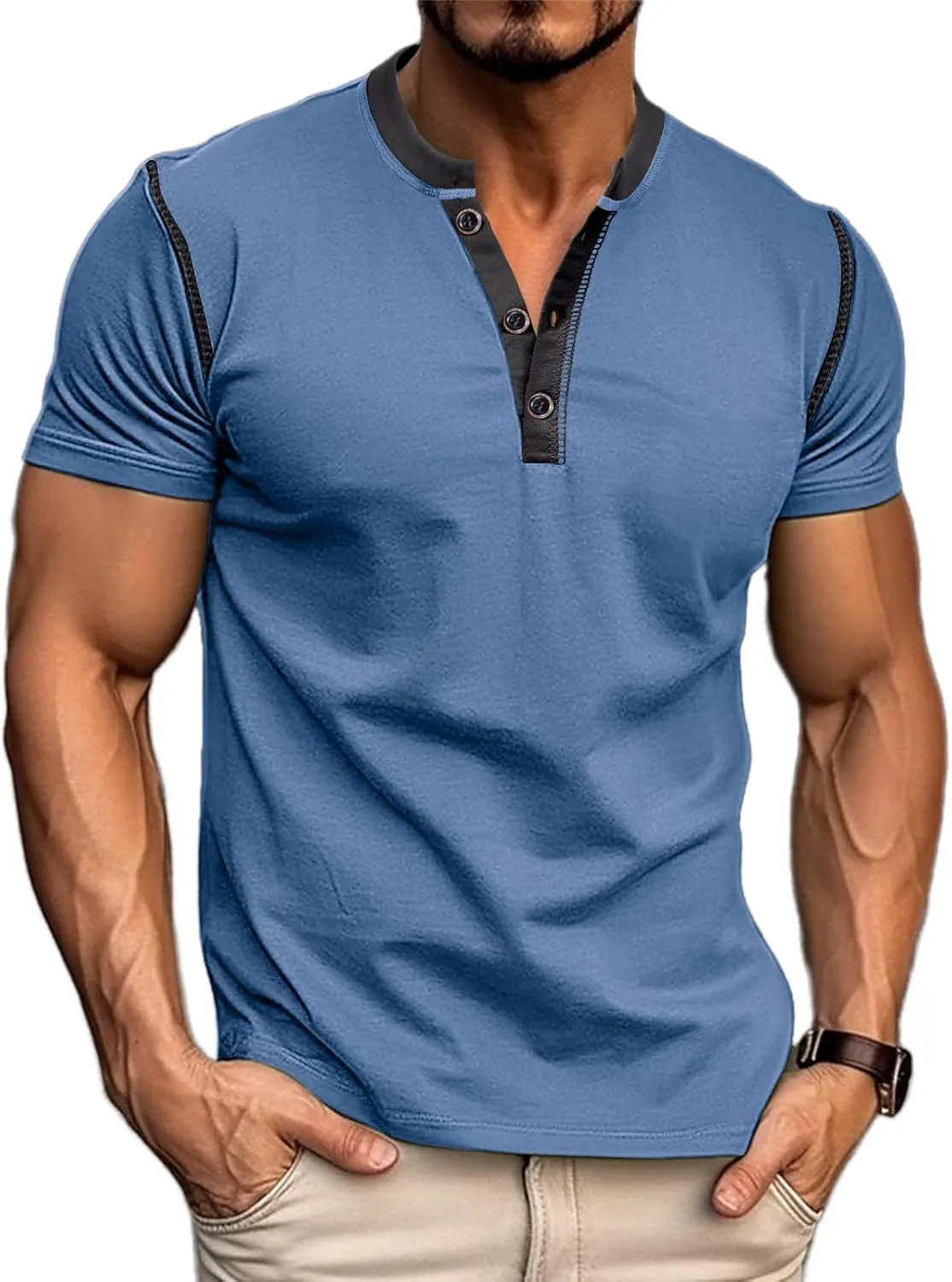 Men's Casual Henley Shirts Classic Button Cotton Short Sleeve T-Shirt Summer Basic Solid Lightweight Tees Tops