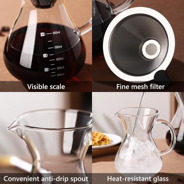 ⁦Azonee Pour Over Coffee Maker, 600ml Paperless Borosilicate Glass Carafe With Reusable Stainless Steel Permanent Filter - Clear Manual Dripper Brewer for Home Office⁩ - الصورة ⁦5⁩