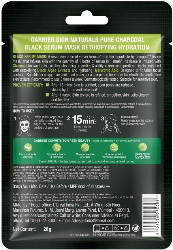 ⁦Garnier Skin Naturals Face Serum Sheet Mask (2 Each Of Light Complete, Charcoal, Sakura, Hydrabomb and Hydrabomb ) 421g (Pack of 10)⁩ - الصورة ⁦10⁩
