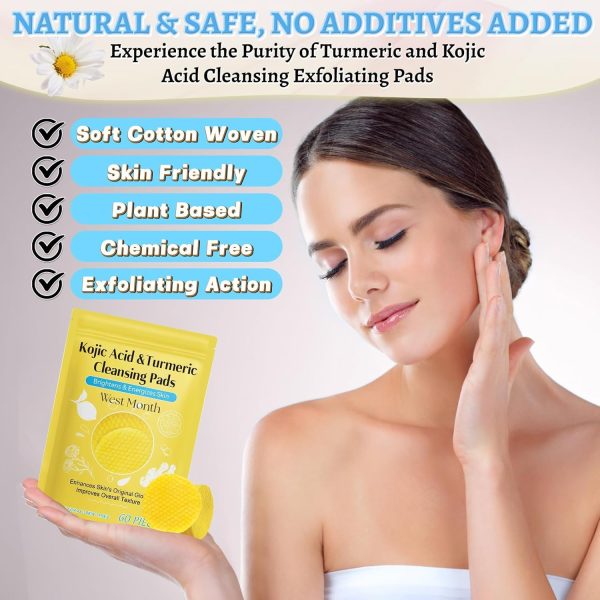 ⁦Kojic Acid & Turmeric Cleansing Pads – Brighten & Even Skin Tone with Kojic & Turmeric Extracts – Natural Face Exfoliating Pads for Radiant, Smooth Skin 60pcs⁩ - الصورة ⁦6⁩