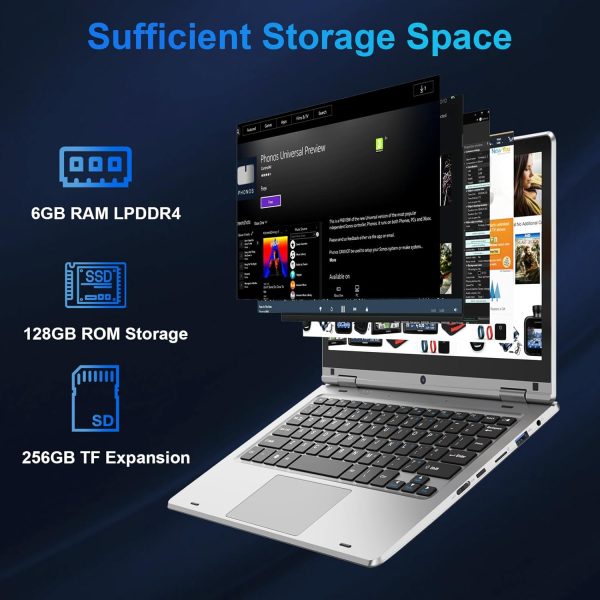 ⁦11.6" Laptop Touchscreen 360° Foldable Laptop PC 6GB RAM 128GB SSD FHD Display Laptop Computer Celeron N4020 With 256GB SD Card Dual Band WiFi Bluetooth 4.2 USB 3.0*1 HDMI*1 For Office Study Silver⁩ - الصورة ⁦6⁩
