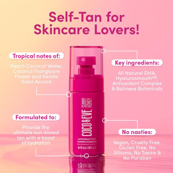 ⁦Coco & Eve Antioxidant Face Tanning Micromist. Sunless Self Tanning Face Mist with Antioxidants to Boost Hydration. Quick, Flawless, Streak Free Face Tan. (2.54 fl oz) / (75ml)⁩ - الصورة ⁦4⁩